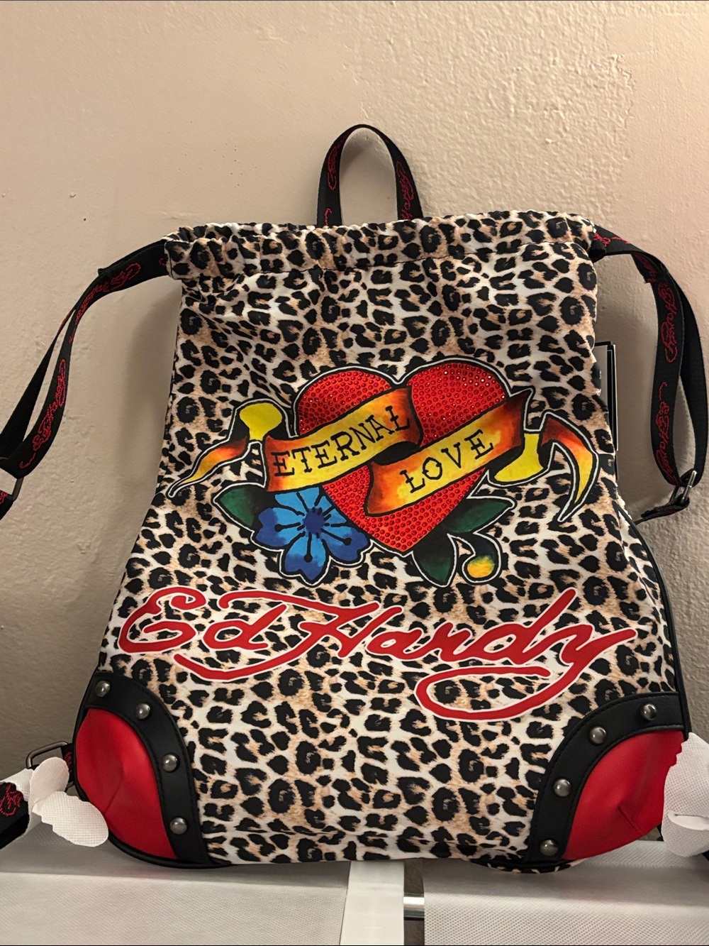 Ed Hardy Leopard Print 'Eternal Love' Drawstring Backpack NWT
